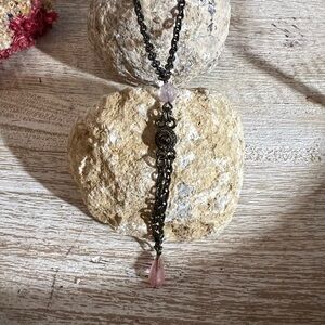 Vintage 90s Pink Glass Beaded Y Drop Necklace Gunmetal Chain